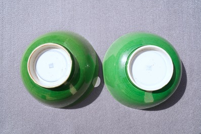 A pair of Chinese monochrome green bowls, Kangxi